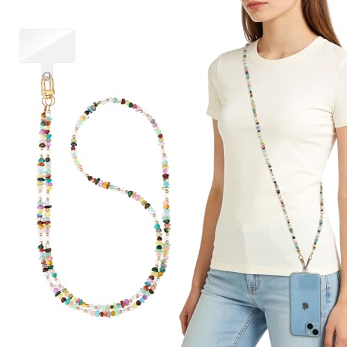 WOZEAH Crystal Cell Phone Lanyard Crossbody Strap for Women, Beaded Phone Strap for Cellphone Case with Tether Tab - color: Multicolor Stone Cube