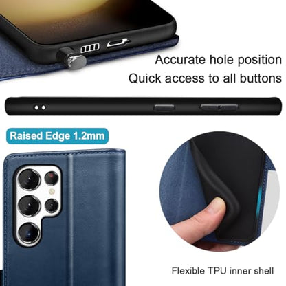 KEZiHOME Genuine Leather Wallet Case for Samsung Galaxy S25 Ultra Blue | Blue, RFID Blocking, S25 Ultra Wallet Case, Card Slot, Flip, Magnetic Stand Phone Cover Compatible with S25 Ultra - color: Blue, size: Galaxy S25 Ultra Case