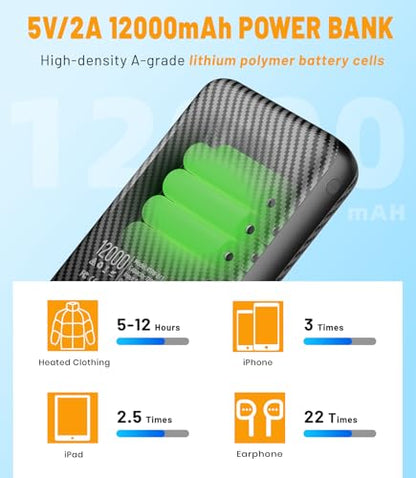 Heated Vest Battery Pack,𝟏𝟐𝟎𝟎𝟎𝐦𝐀𝐡 5V 2A/3A USB-C Out/in Power Bank for Heated Jacket Heated Pad Heated Hoodies Pocket Size Black - size: 5V 12000mAh Black