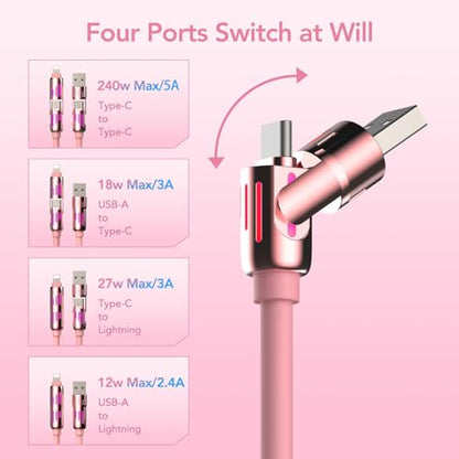 MFish 240W 4-in-1 Fast Charging Cable, Pink, 10FT - color: Pink, size: 10FT