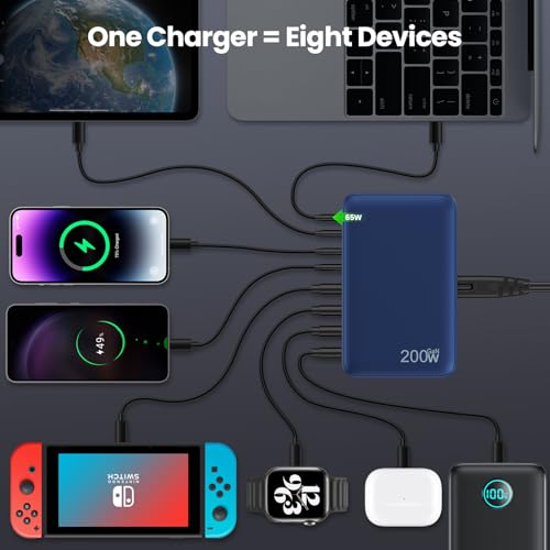 USB C Charger 200W USB C Charger Block,Upgraded GaN III 8-Port Fast Charging Station Hub,PD 65W Laptop Charging Adapter Compatible with MacBook Pro/Air,DELL,Steam Deck,iPhone 16/15/14,Galaxy S23/22 - color: Deep Blue, size: 200W