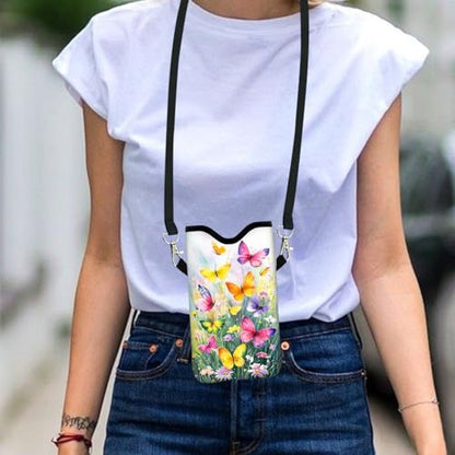 Neoprene Cell Phone Sleeve Pouch Case Bag with Crossbody Strap Neck Lanyard for Women 7.1 X 3.9 in Flower Butterfly - color: Flower Butterfly