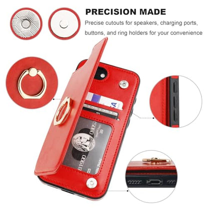 ONETOP for iPhone 17e/16e Wallet Case with Credit Card Holder,Red | 360° Rotation Ring Kickstand,Finger Grip,Double Magnetic Clasp,RFID Blocking PU Leather Shockproof Cover for Women Men - color: Red