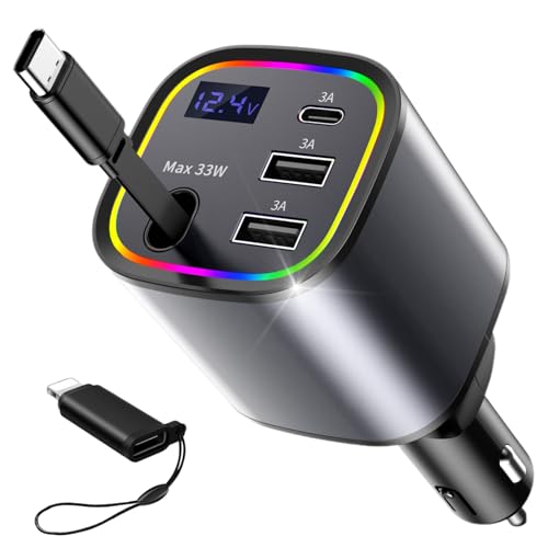 Retractable Car Charger, 4 in 1 Fast Car Charger 78W with 4 Ports(Grey) - color: Grey