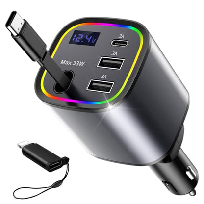 Retractable Car Charger, 4 in 1 Fast Car Charger 78W with 4 Ports(Grey) - color: Grey