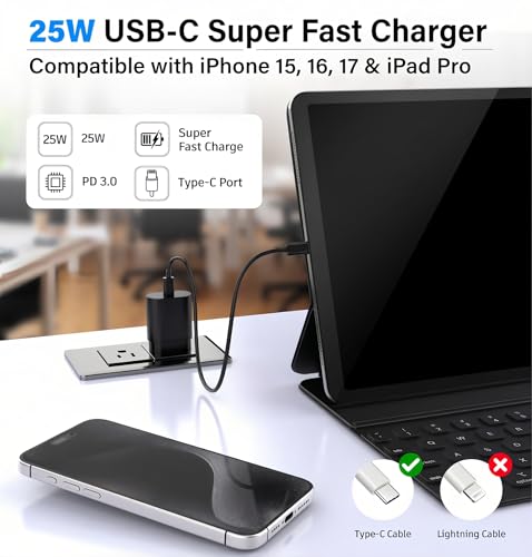 TT&C 2-Pack 25W USB C Fast Charger with 6FT Long Cable (Black) - color: Black, size: 6ft
