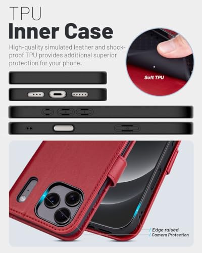 OCASE Compatible with iPhone 17 Pro Wallet Case, PU Leather Flip Folio Case with Card Holders RFID Blocking Kickstand [Shockproof TPU Inner Shell] Phone Cover 6.3 Inch 2025, Dark Red - color: Dark Red