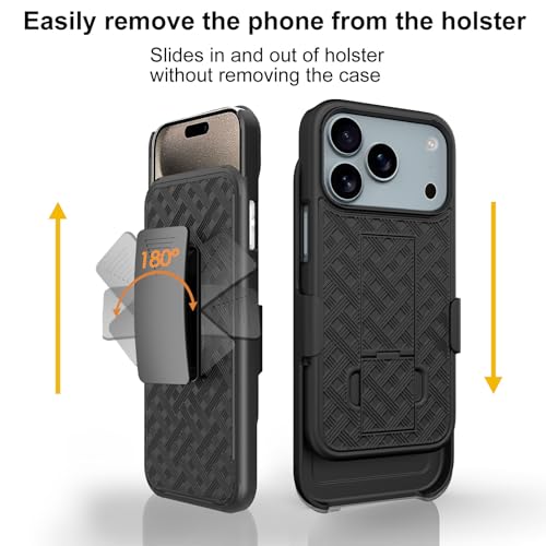 for iPhone 17 Pro Belt Clip Holster Case, Screen Protector-Black | Camera Lens Protector, Swivel Stand Holder, Slim Shell Shell Pouch Full Body Protective, Rugged Drop Defense Cell Phone Cover - size: iPhone 17 Pro