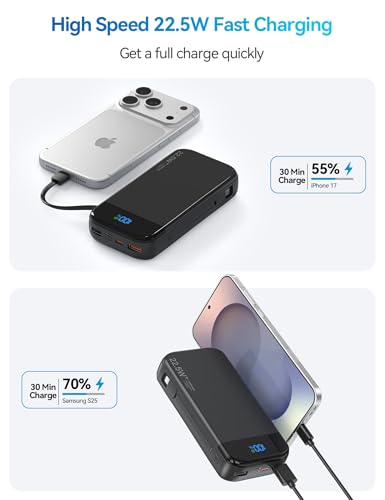 Phone Battery Bank 32000mAh 22.5W w/Built-in Cables & USB C Fast Charging - color: Black