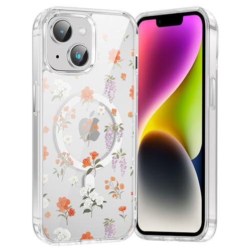 for iPhone 13/14 Magnetic Case Cute Clear Flower Pattern Case, Aesthetic Spring Floral for Girls Women, Soft TPU Clear Slim Anti-Drop Shockproof Protective Phone Cover - Orange Flower - color: Orange Flower, size: iPhone 13/14