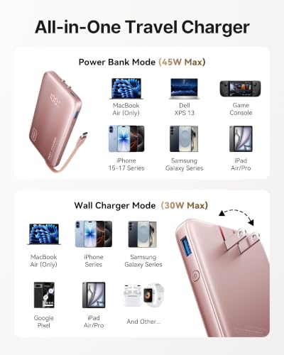 INIU 45W Fast Charging Portable Charger, 10000mAh with Built in Wall Plug | Slimmest, Built-in Wall Plug, USB-C Cable, GaN, Flight-Safe, 3 in 1 Power Bank for iPhone 17, Samsung, iPad etc, Pink - color: Pink