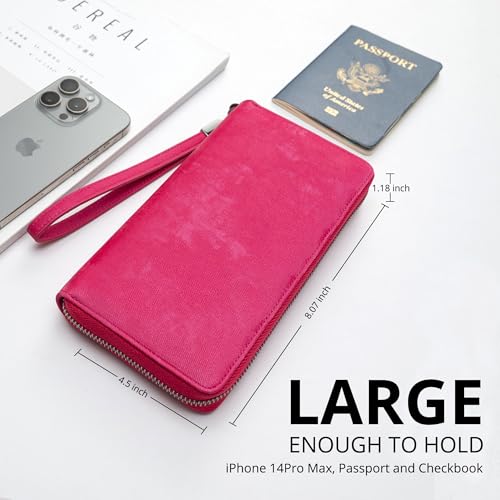 Bveyzi Women RFID Blocking Wallet Leather Zip Around Phone Clutch Large Capacity Ladies Travel Purse Wristlet - color: Hot Pink