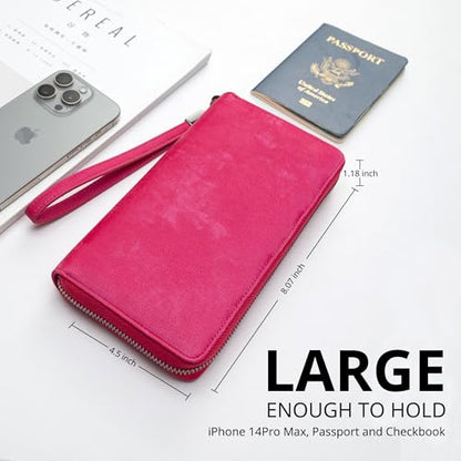 Bveyzi Women RFID Blocking Wallet Leather Zip Around Phone Clutch Large Capacity Ladies Travel Purse Wristlet - color: Hot Pink