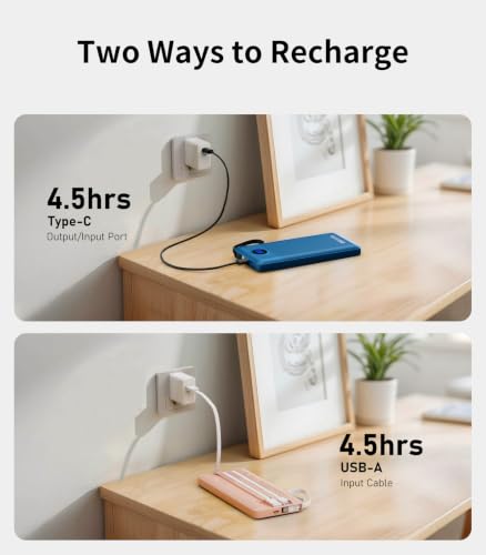 Portable Charger Built in 4 Cables, 10000mAh Power Bank, Blue&Pink - color: Blue&Pink