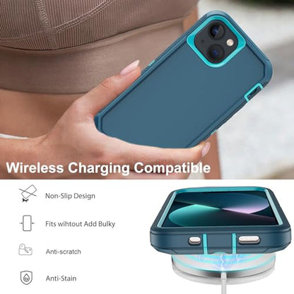 for iPhone 13 Case with 2 Screen Protector,Shockproof Drop Protection Full Body Heavy Duty 3 Layer Military Rugged Durable Phone Cover for Apple iPhone 13 6.1" (Teal) - color: Teal