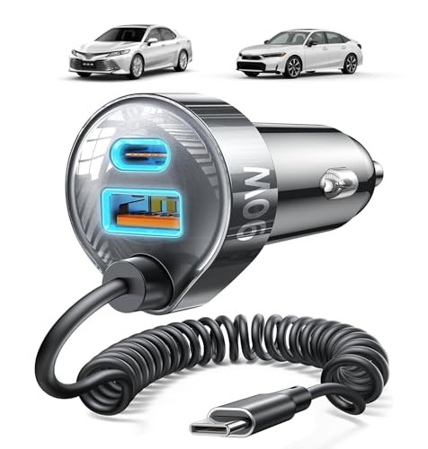 for iPhone 18/17 Pro Max Car Charger USB C Fast Charge with Coiled Cable - color: Black - 36 inch