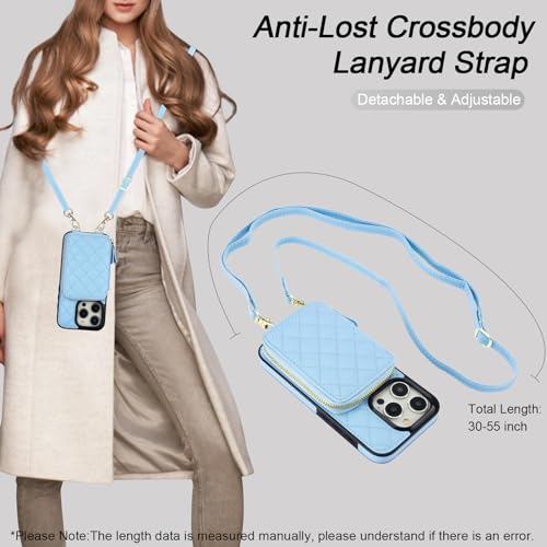 Bocasal Crossbody Wallet Case Card Holder for iPhone 15 Pro, Light Blue | RFID Blocking PU Leather Zipper Handbag Purse, Kickstand Flip Folio Case with Card Slots Holder Wrist Strap Lanyard 6.1 Inch - color: Blue