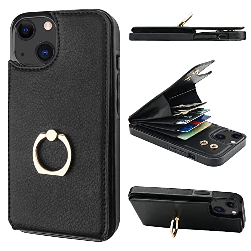 Folosu Compatible with iPhone 14 Case Wallet with Card Holder, 360°Rotation Finger Ring Holder Kickstand, RFID Blocking Leather Protective Double Buttons Shockproof Cover 6.1 Inch Black - color: Black, size: iPhone 14
