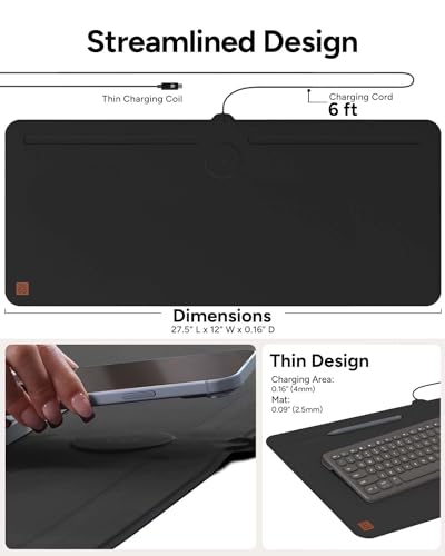 ZAGG Mouse Pad Desk Mat with Wireless Charging for All Devices - 10W Fast Charge, Integrated USB-C, Premium Felt Top, Non-Slip Bottom, Office Organizer, Black