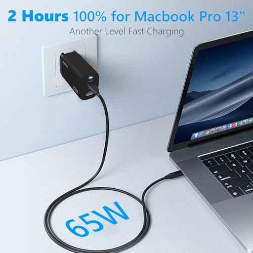 GECENinov 65W USB C Charger Block, GaN 3-Port Fast Compact Foldable Wall Charger, Type C Power Adapter with 5 Feet USB C Cable for iPhone iPad MacBook Air/Pro, Galaxy, Laptop,etc (Black)