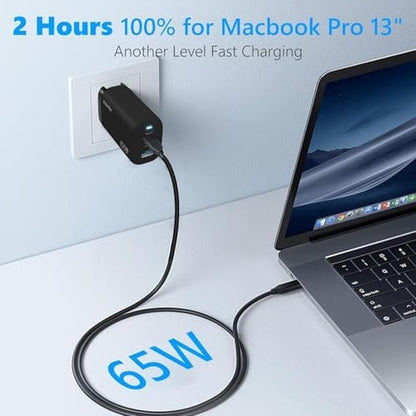 GECENinov 65W USB C Charger Block, GaN 3-Port Fast Compact Foldable Wall Charger, Type C Power Adapter with 5 Feet USB C Cable for iPhone iPad MacBook Air/Pro, Galaxy, Laptop,etc (Black)
