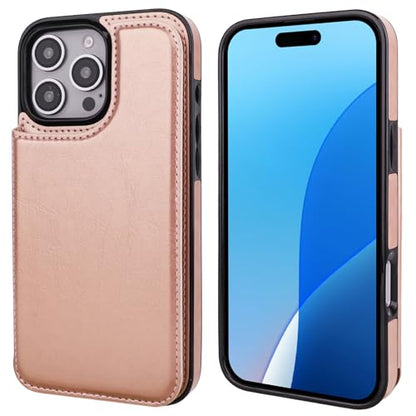 ONETOP for iPhone 16 Pro Max Wallet Case with Credit Card Holder,Rosegold | Kickstand,ID/Cash Holder,Case Wallet with Card Slots,Double Magnetic Clasp,Durable PU Leather Shockproof Cover for Women Men - color: Rose Gold