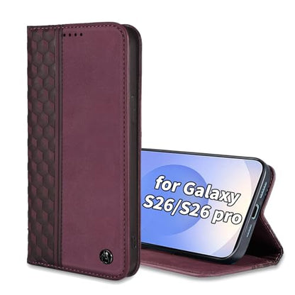 Wallet Case for Samsung Galaxy S26 5G 6.3 inch 2026 - PU Leather Flip Cover with Card Holder Slots, Strong Magnetic Folio Kickstand Phone Case, Wine Red - color: Wine Red, size: Samsung Galaxy S26 6.3"