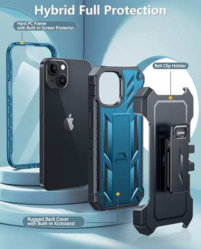 FNTCASE for iPhone 15/14/13 Case, with Belt Clip, Built-in Screen Protector | Rugged Kickstand, 20FT Military-Grade Drop Protection, Heavy Duty Shockproof Holster, Full Protective Phone Cover, Orange - color: T-Blue