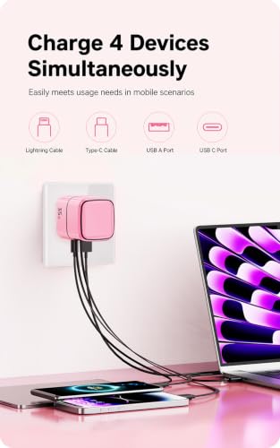 4-in-1 GaN 35W Retractable Wall Charger for iPhone, iPad, Samsung, Pink - color: Pink