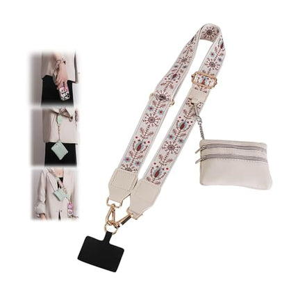 Phone Strap with Zippered Pouch, Clip and Go Strap for Phone with Wallet Crossbody - color: Bohemia White