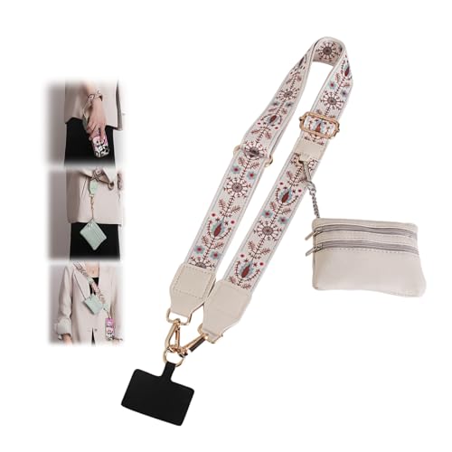 Phone Strap with Zippered Pouch, Clip and Go Strap for Phone with Wallet Crossbody - color: Bohemia White