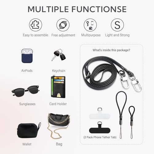 Crossbody Phone Strap with 2 Pads, Leather & Adjustable Finger Strap - Compatible with Most Smartphones (Black) - color: Black