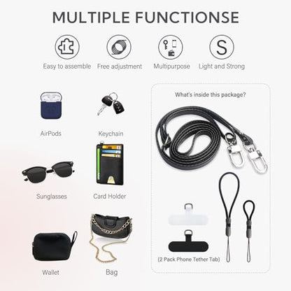 Crossbody Phone Strap with 2 Pads, Leather & Adjustable Finger Strap - Compatible with Most Smartphones (Black) - color: Black