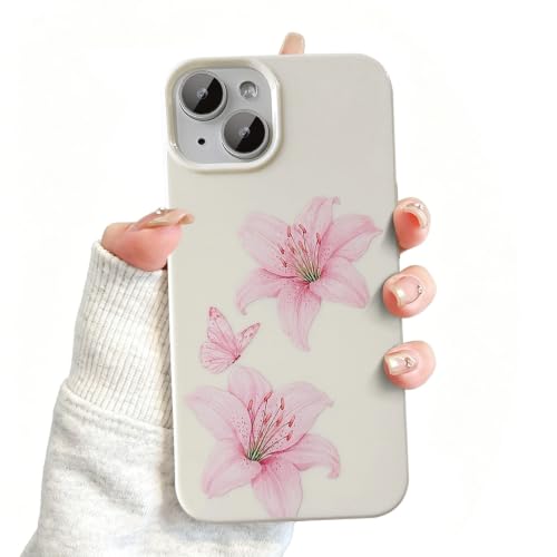 QLTYPRI for iPhone 13 Case Cute Pink Floral Flower, Butterflyl Lily | Butterfly Lily Flower Aesthetic Phone Case,Raised Camera Protection,Slim Soft TPU Shockproof Protective Cover for Girls Women - color: Pink Butterfly Lily Flower, size: iPhone 13