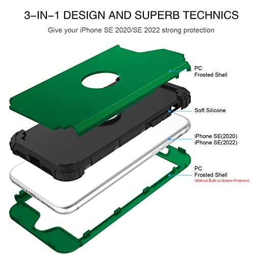BENTOBEN for iPhone SE 2022 Phone Case and iPhone SE 2020 Case, Heavy Duty 3 in 1 Full Body Rugged Shockproof Hybrid Hard PC Soft Rubber Bumper Drop Protective Girls Women Cover, Deep Green/Black - color: Deep Green/Black