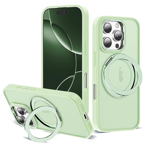 for iPhone 16 Pro Case with 360° Spin Magnetic Stand,Green | iPhone 16 Pro Phone Case 6.3",Spin Magnetic Ring Stand,Compatible with MagSafe,Military Protection,Translucent Matte - color: Green, size: iPhone 16 Pro