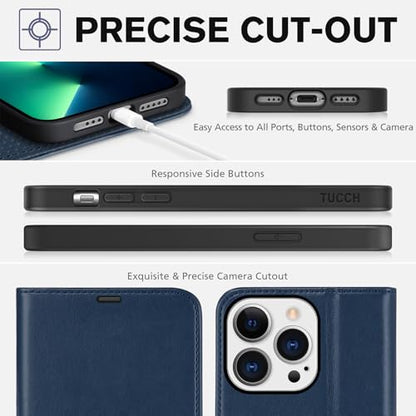 TUCCH Wallet Case for iPhone 13 Pro (6.1") 2021, Flip Stand, Dark Blue | RFID Blocking, 3 Card Holders, Kickstand, PU Leather, Shockproof TPU Shell, Magnetic Closure, Protective Folio Cover - color: Dark Blue
