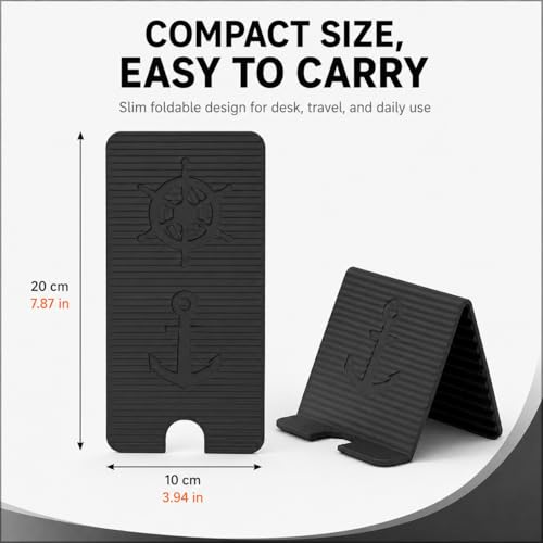 Silicone Phone Stand, Foldable Holder with Cable Cutout, Aluminum Core - color: Black