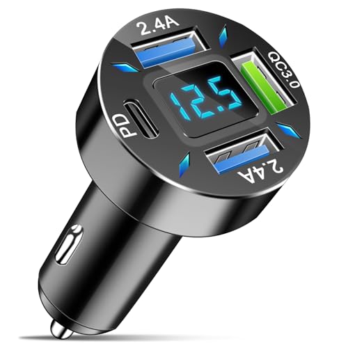LivTee 4-Port Car Charger, 12-24V Cigarette Lighter Adapter with 3 USB & 1 USB-C Port, Supports QC/PD Fast Charging, Features Digital Display and LED Lights, Fits iPhone, Fits Samsung and More Phones