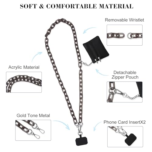 Long Keeper Phone Crossbody Chain Acrylic Phone Lanyards with Zipper Wallet Women Cellphone Strap Wrist Bracelet Purse Strap - color: Brown Gold