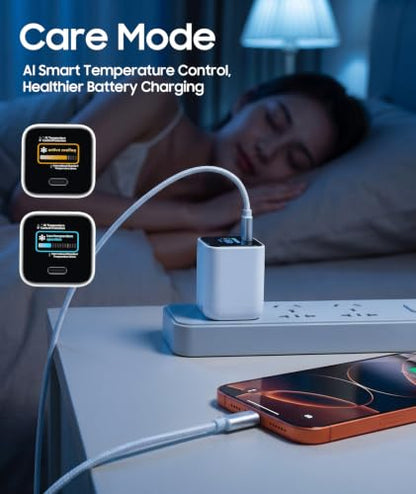 Smart Display Charger,USB C Charger Block with 6.6FT USB-C Cable,45W Max GaN Phone Charger 90° Foldable Plug,Smart Recognition,Care Mode,Real-Time Display,for iPhone 17 Pro Max/ 17 Pro /16/15