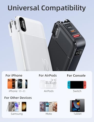 RORRY Portable Charger 3 in 1 with Wall Plug 10000mAh Power Bank for iPhone - color: Black
