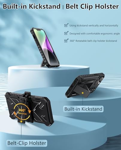 FNTCASE for iPhone 14 Plus Case, Belt Clip, Built-in Screen Protector | Rugged Kickstand, 20FT Military-Grade Drop Protection, Full Body Heavy Duty Shockproof Holster, Hard Protective Cover - color: Black Black