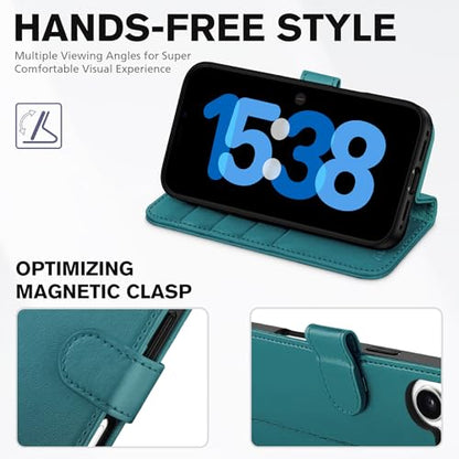 TUCCH Case Wallet for iPhone 17 (6.3"), RFID Blocking Folio, Bluish Green | 4 Card Holders, Kickstand, PU Leather, Magnetic Closure, Shockproof TPU Shell, Protective Flip Cover - color: Bluish Green