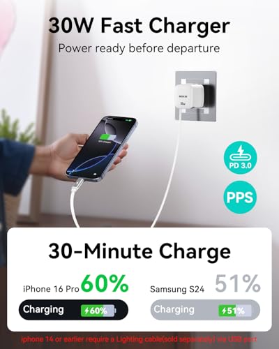 USB-C Charger Block, 30W GaN 2 Port Fast Charging w/Built-in Retractable C Cable & Foldable Plug, PD/PPS for iPhone 16Pro Max/16/Pixel 9 pro/Galaxy/iPad/MacBook (White-2pcs) - color: 30W*white*2