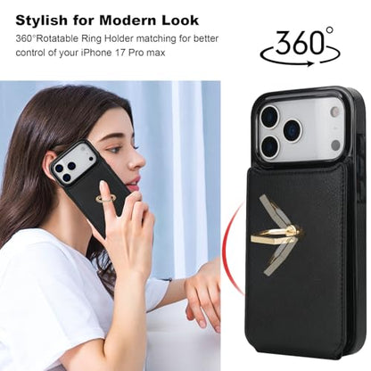 Folosu for iPhone 17 Pro Max Case Wallet,Finger Ring Holder Cover Black - color: Black