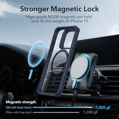 ESR for iPhone 15 Case with Stand, Compatible with MagSafe, Full-Body Military-Grade Drop Proof Case with Built-in 9H+ Tempered Glass Screen Protector, Armor Series, Clear Dark Blue - color: Clear Dark Blue