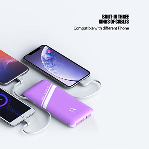 10000mAh Power Bank, Q Slim Portable Charger,4 Output External Battery Pack with Built-in AC Wall Plug Micro USB C Three Cables Compatible with Different Kinds of Mobilephone (Purple) - color: Purple