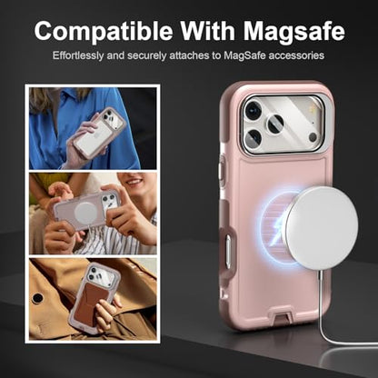 Follaroma for iPhone 17 Pro Max Case with Stand,Built-in Camera Cover,Compatible with MagSafe,Heavy Duty Shockproof Protection Phone Case,Anti-Drop,Magnetic Dual Layer Protective Cover,6.9"Light Brown - color: Brown Pink, size: iPhone 17 Pro Max 6.9''