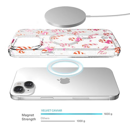 VELVET CAVIAR Christmas Phone Case for iPhone 15 - Compatible with MagSafe - 10ft Drop Tested - Holiday Peppermint Glitter Winter Theme - color: Peppermint Princess, size: 15